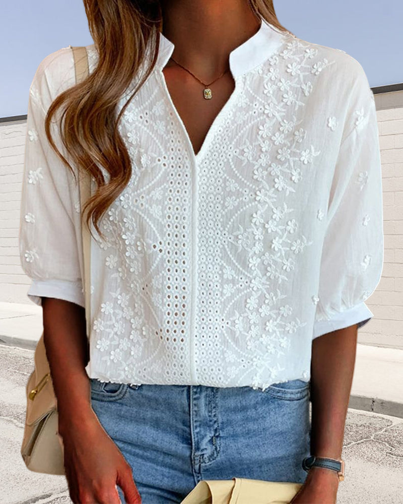 Cambria – Embroidered Blouse with Slit Collar