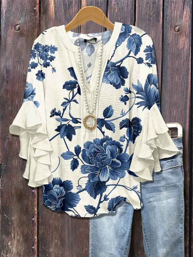 Indigo Bloom | Blue Floral Blouse with Ruffle Sleeves