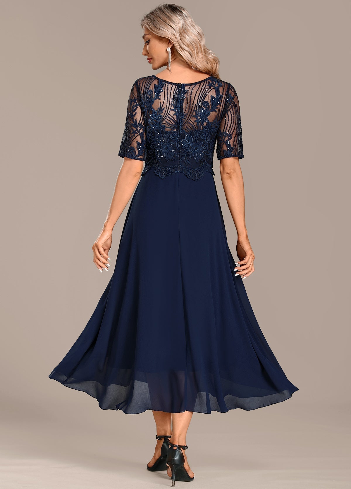 Hazel - Navy Lace Short Sleeve Round Neck Dress