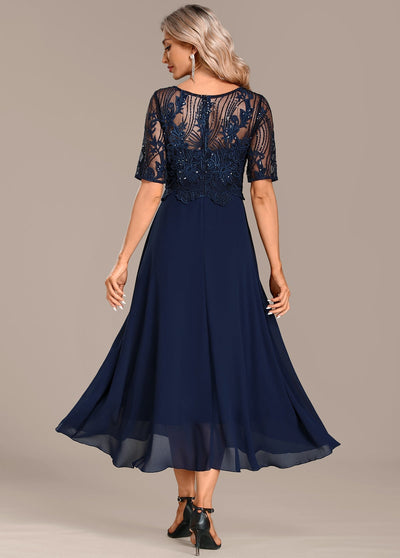 Hazel - Navy Lace Short Sleeve Round Neck Dress