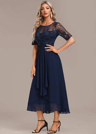 Hazel - Navy Lace Short Sleeve Round Neck Dress
