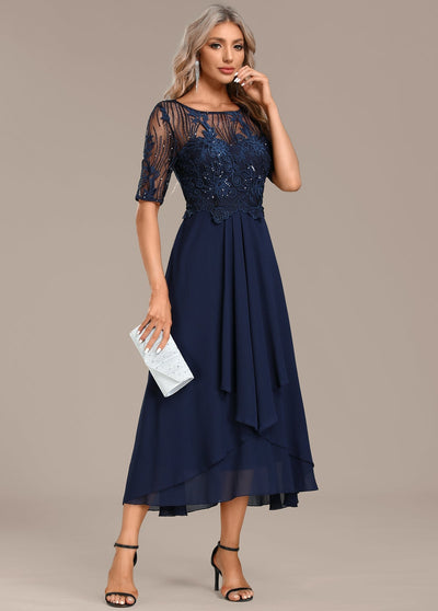 Hazel - Navy Lace Short Sleeve Round Neck Dress