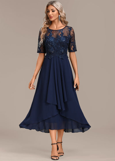 Hazel - Navy Lace Short Sleeve Round Neck Dress