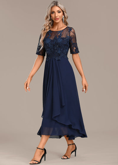 Hazel - Navy Lace Short Sleeve Round Neck Dress