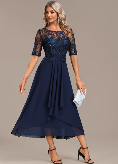 Hazel - Navy Lace Short Sleeve Round Neck Dress