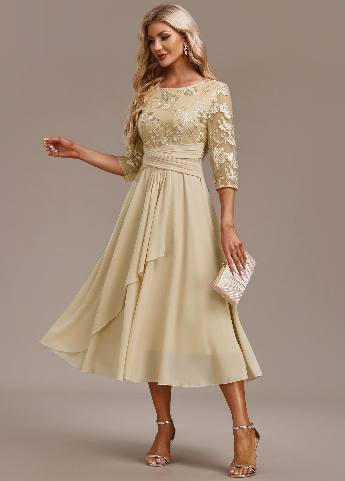 Alisa - Champagne Embroidery 3/4 Sleeve Round Neck Dress