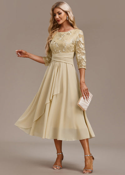 Alisa - Champagne Embroidery 3/4 Sleeve Round Neck Dress