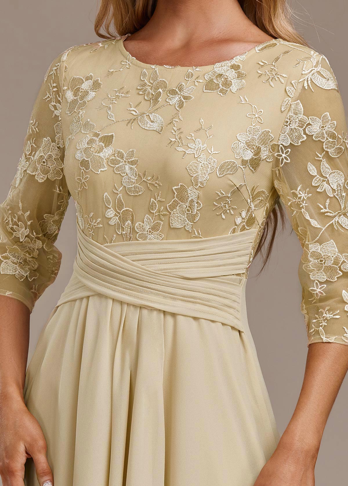 Alisa - Champagne Embroidery 3/4 Sleeve Round Neck Dress