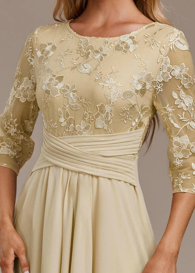 Alisa - Champagne Embroidery 3/4 Sleeve Round Neck Dress
