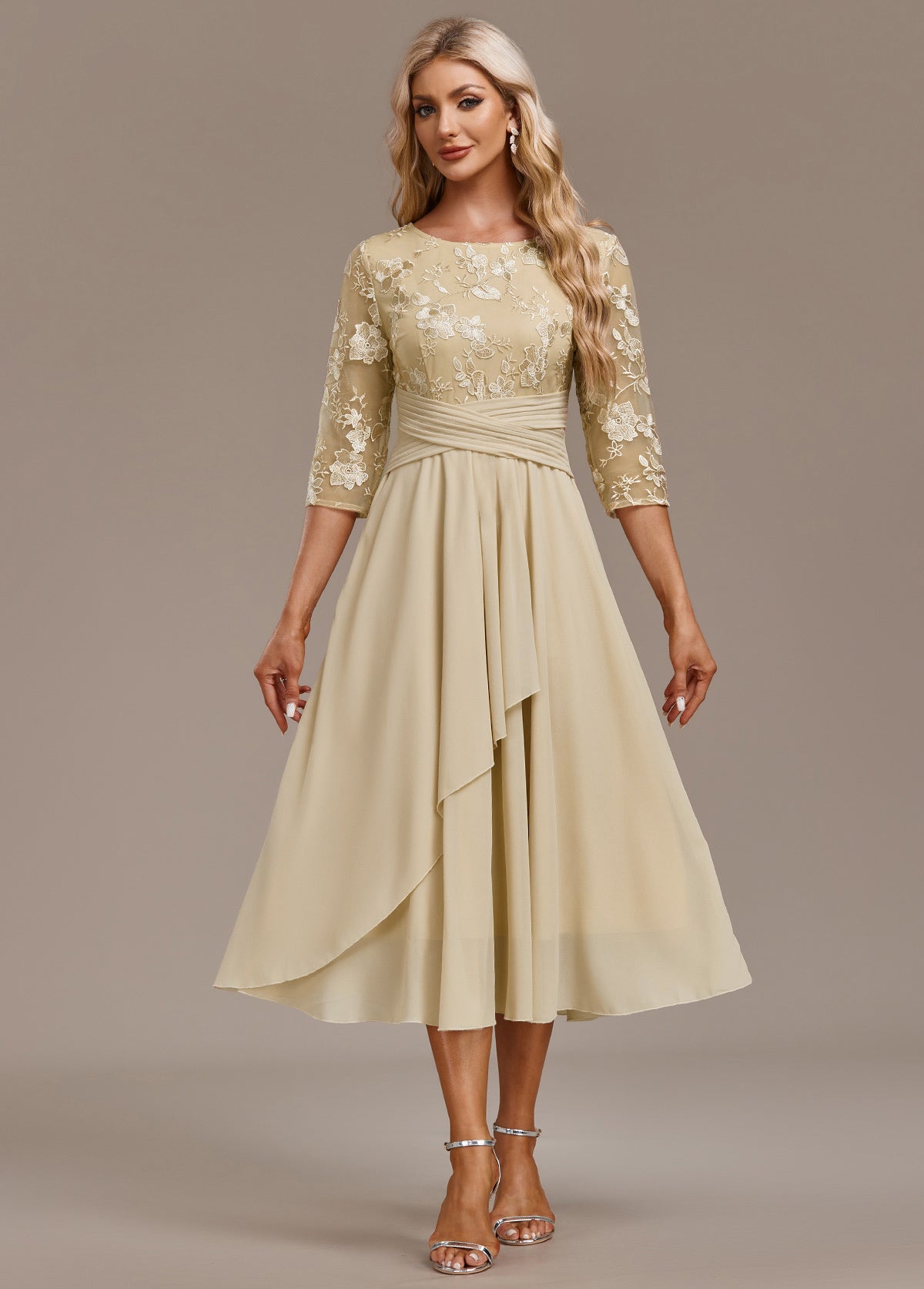 Alisa - Champagne Embroidery 3/4 Sleeve Round Neck Dress