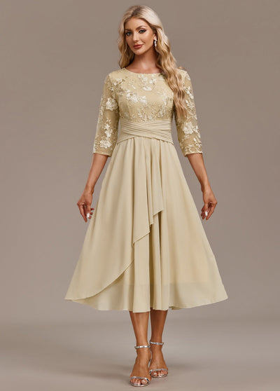 Alisa - Champagne Embroidery 3/4 Sleeve Round Neck Dress