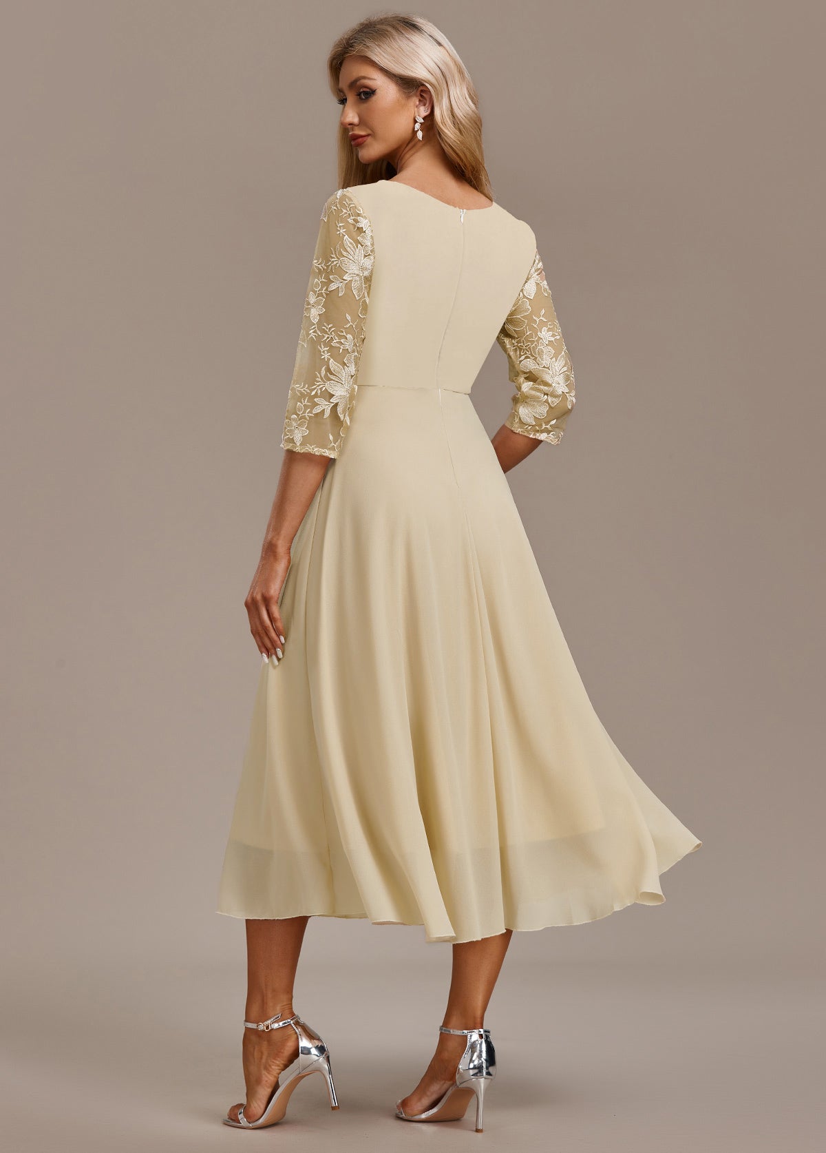 Alisa - Champagne Embroidery 3/4 Sleeve Round Neck Dress