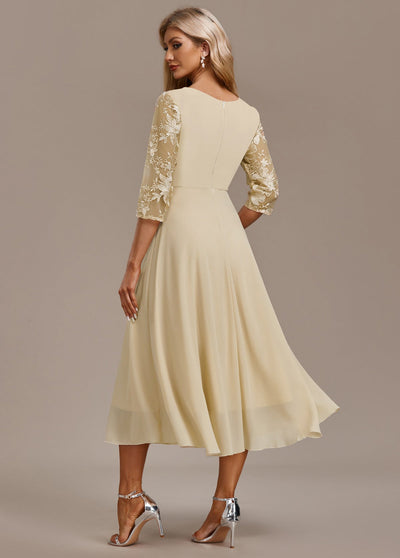 Alisa - Champagne Embroidery 3/4 Sleeve Round Neck Dress