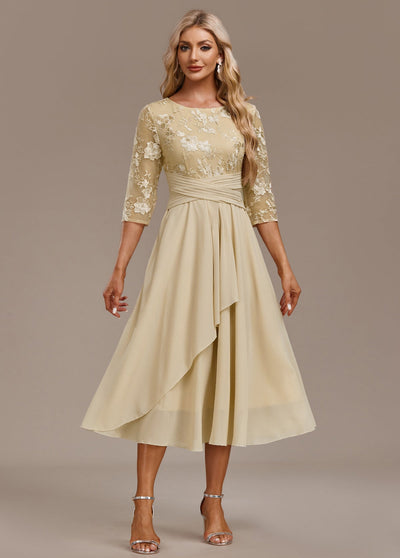 Alisa - Champagne Embroidery 3/4 Sleeve Round Neck Dress