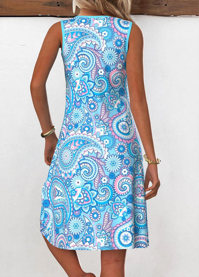 Roia - Light Blue Eyelet Tribal Print A Line Sleeveless Dress