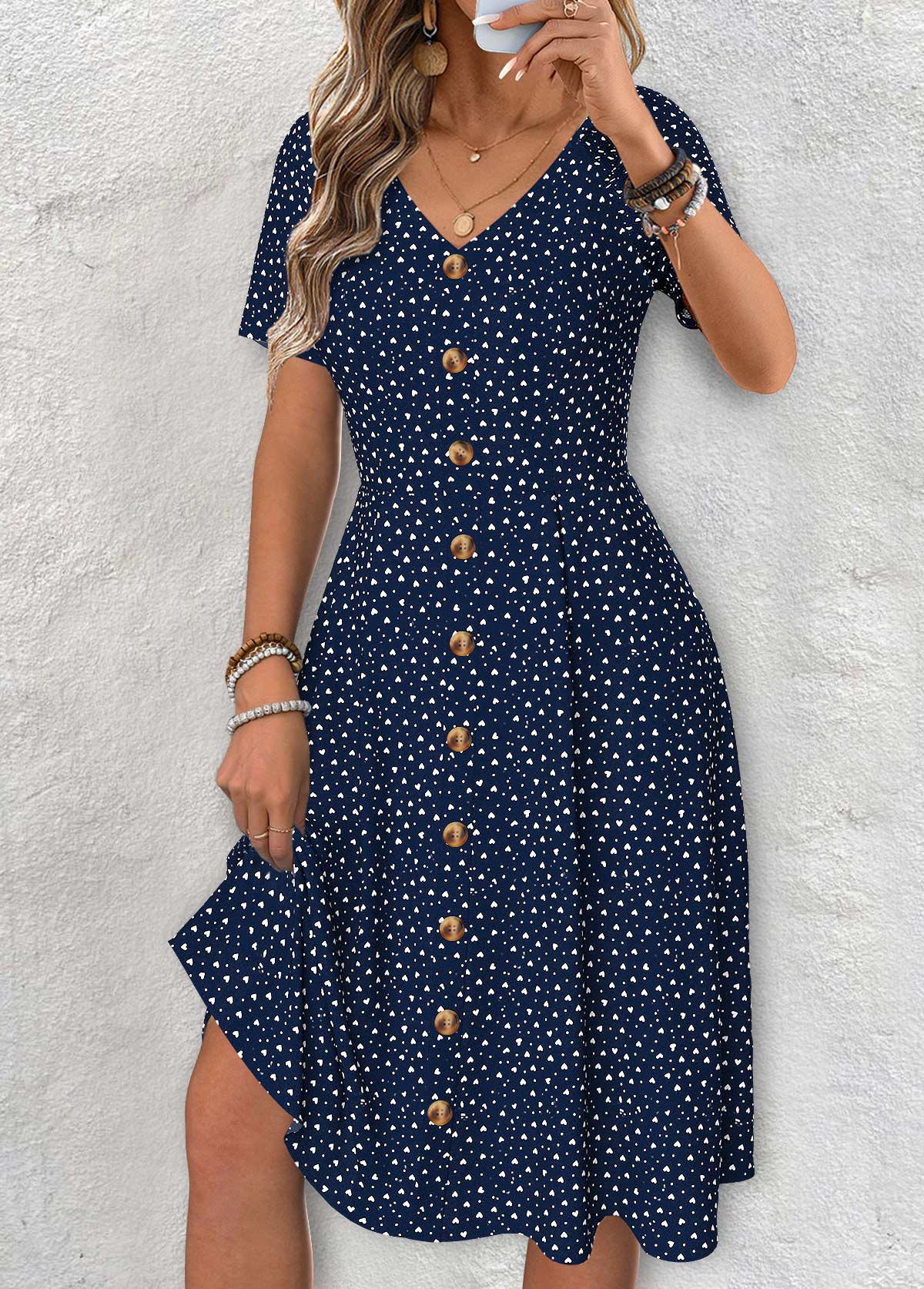 Claire - Navy Polka Dot Short Sleeve V Neck Dress