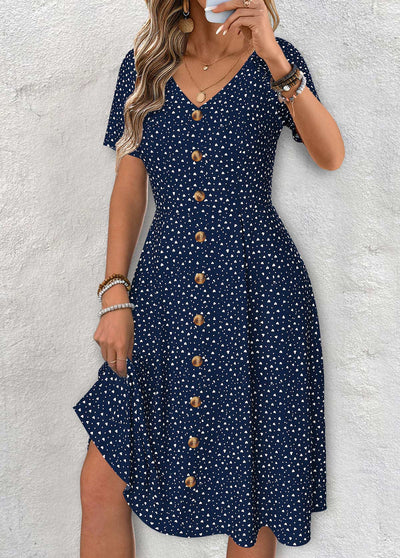 Claire - Navy Polka Dot Short Sleeve V Neck Dress