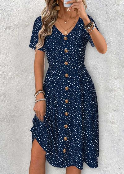 Claire - Navy Polka Dot Short Sleeve V Neck Dress