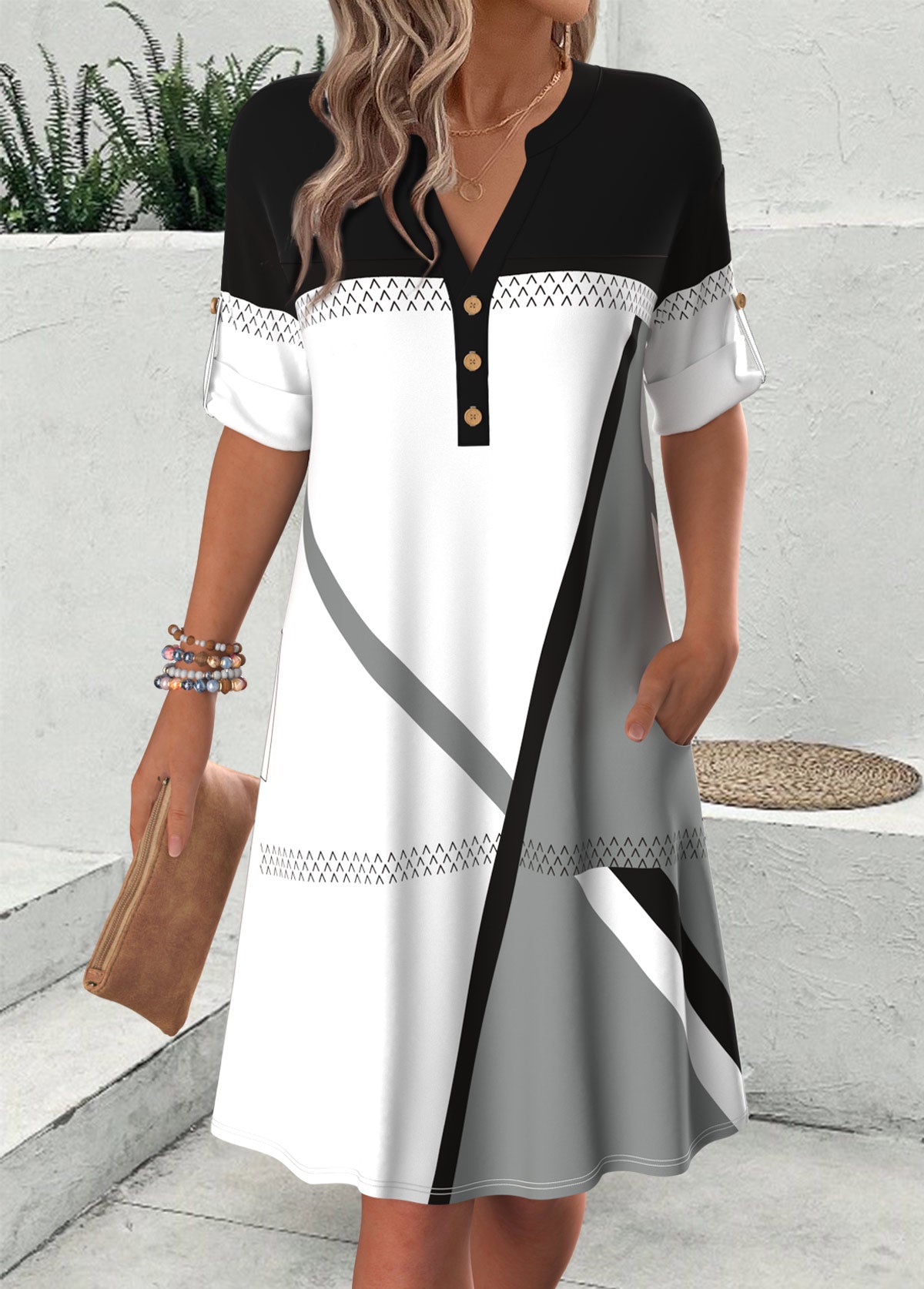 Flaire - Multi Color Geometric Print Short Sleeve Split Neck Dress