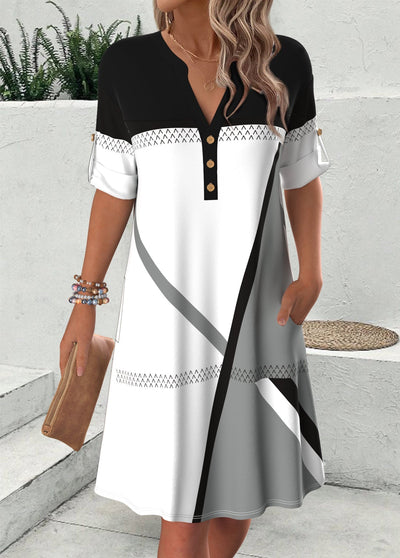 Flaire - Multi Color Geometric Print Short Sleeve Split Neck Dress