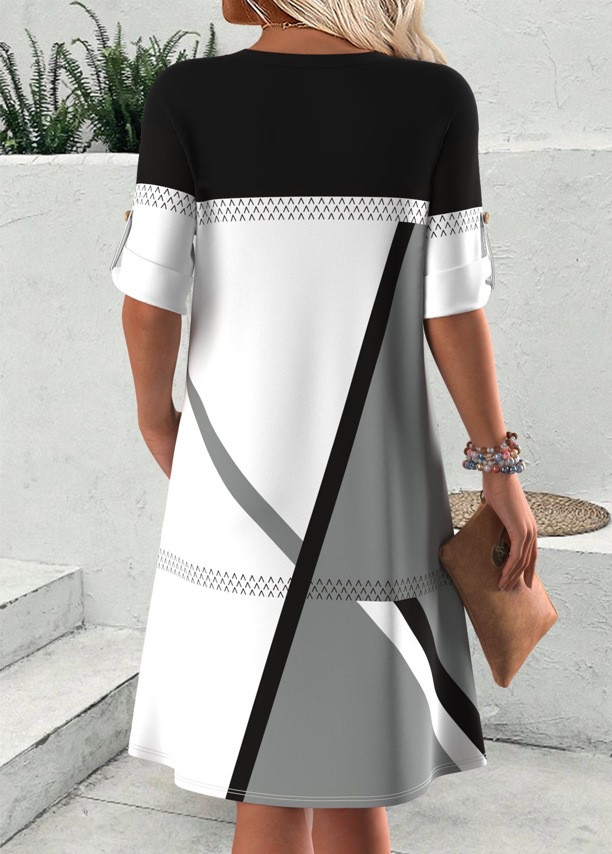 Flaire - Multi Color Geometric Print Short Sleeve Split Neck Dress