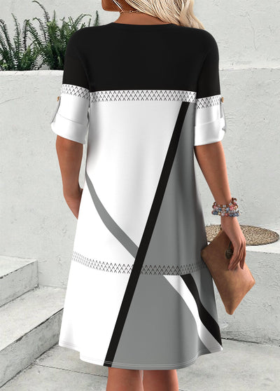 Flaire - Multi Color Geometric Print Short Sleeve Split Neck Dress