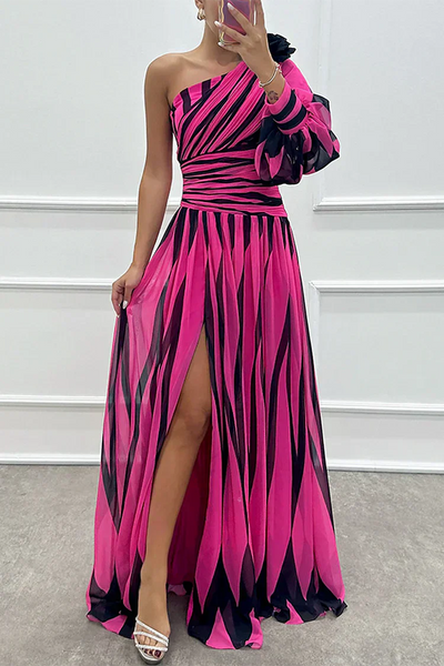 Chloe – Elegant Striped One Shoulder Maxi Dress