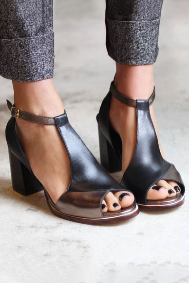 Emily - Black Patchwork Peep Toe Heels