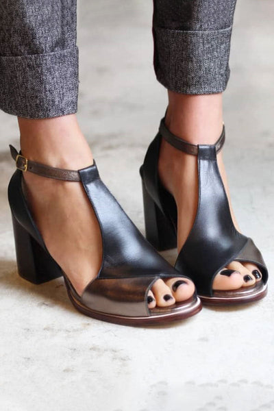 Emily - Black Patchwork Peep Toe Heels