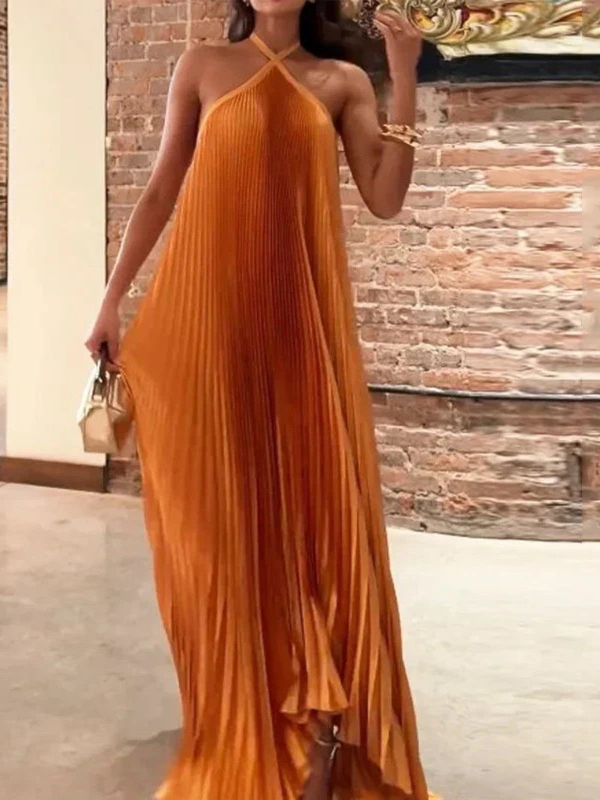 Mira - Chic Pleated Halter Neck Maxi Dress