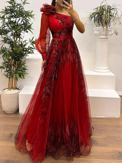 Sienna – Trendy One Shoulder Mesh Print Maxi Dress