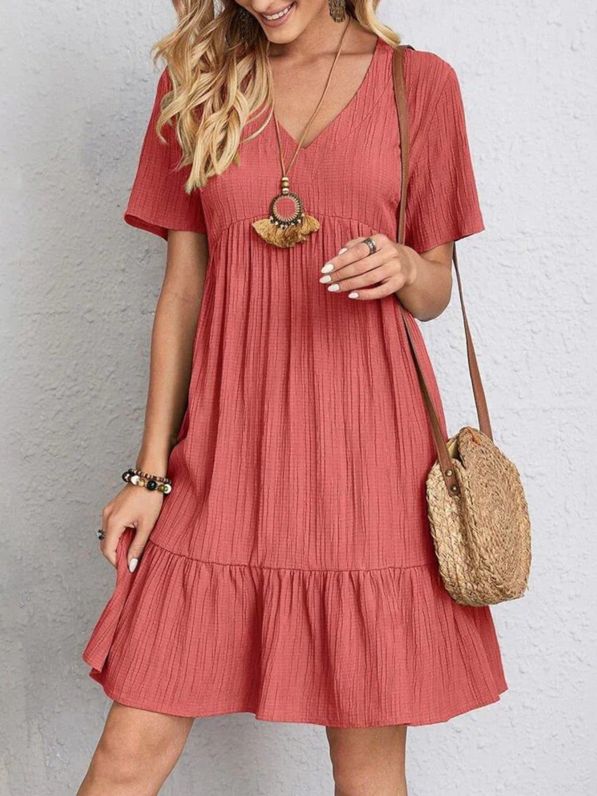 Audrey - Trendy Boho Ruffle Hem Mini Dress