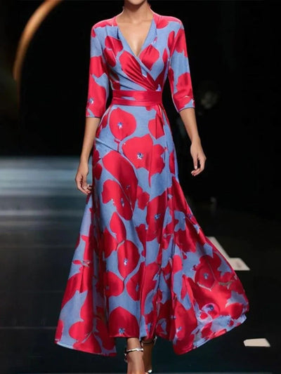 Emily - Printed High Waist Midi Dress with Mid Sleeves