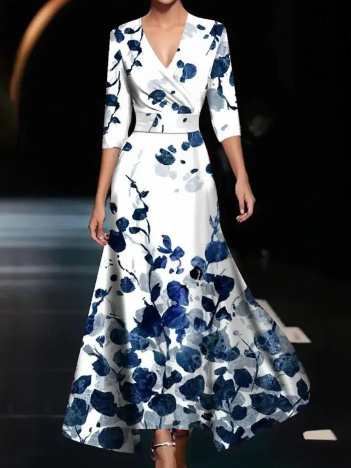 Emily - Printed High Waist Midi Dress with Mid Sleeves