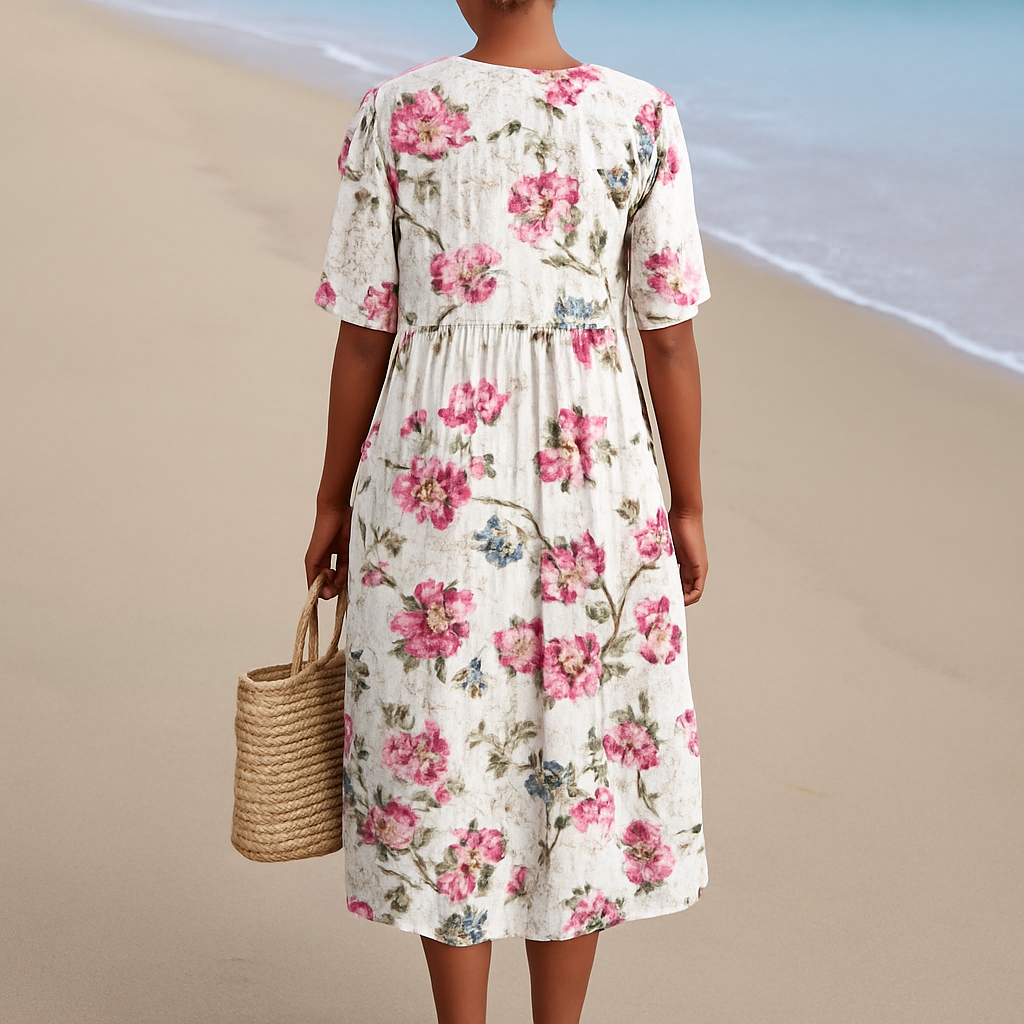 Florine - Retro Floral Linen Dress