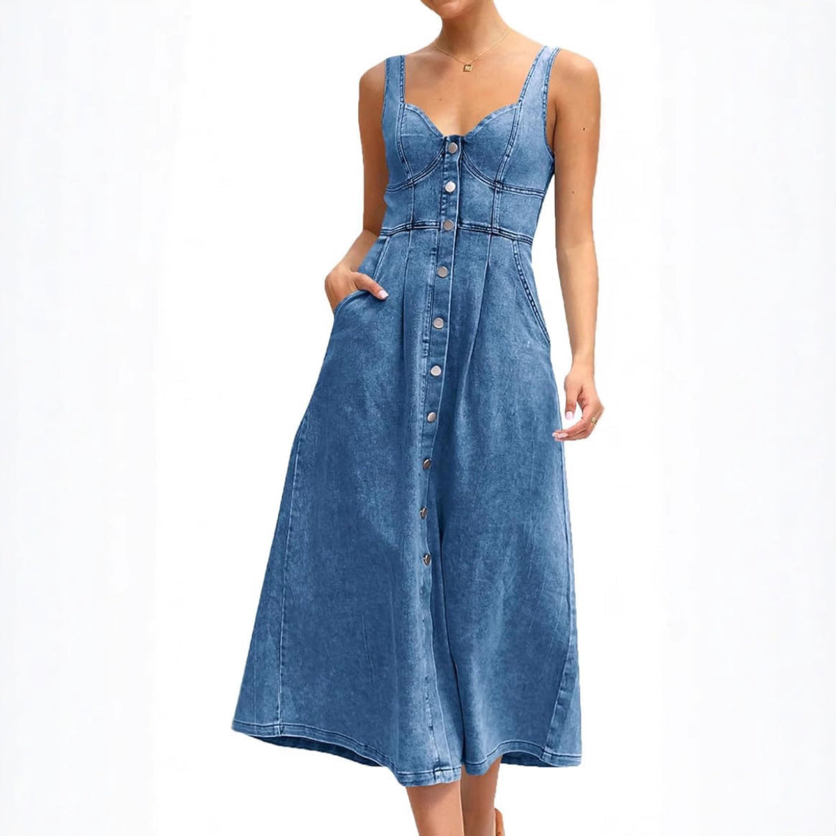 JAYLIN™ | Classic Sleeveless Button-Front Denim Dress