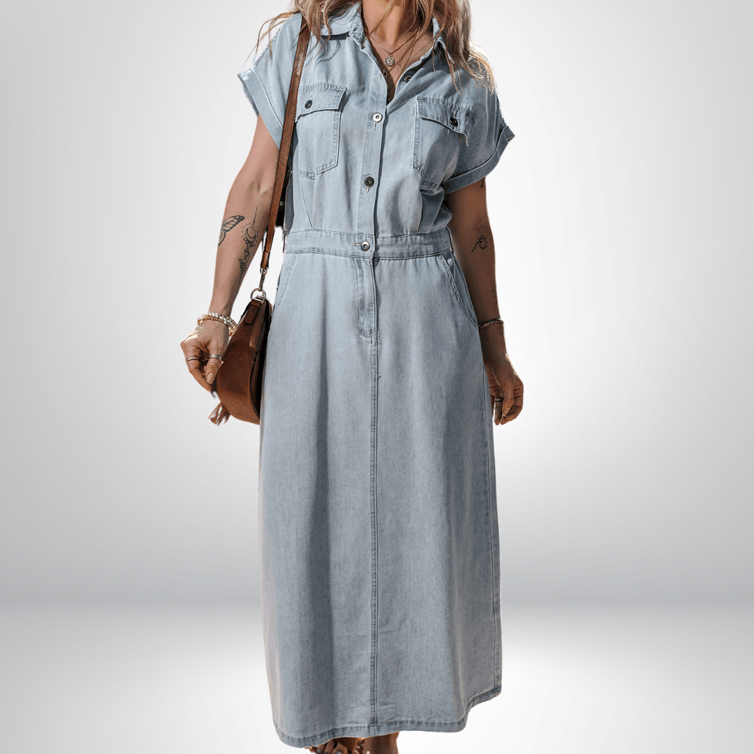 Bonnie - Elegant Denim Dress with Short Batwing Sleeves