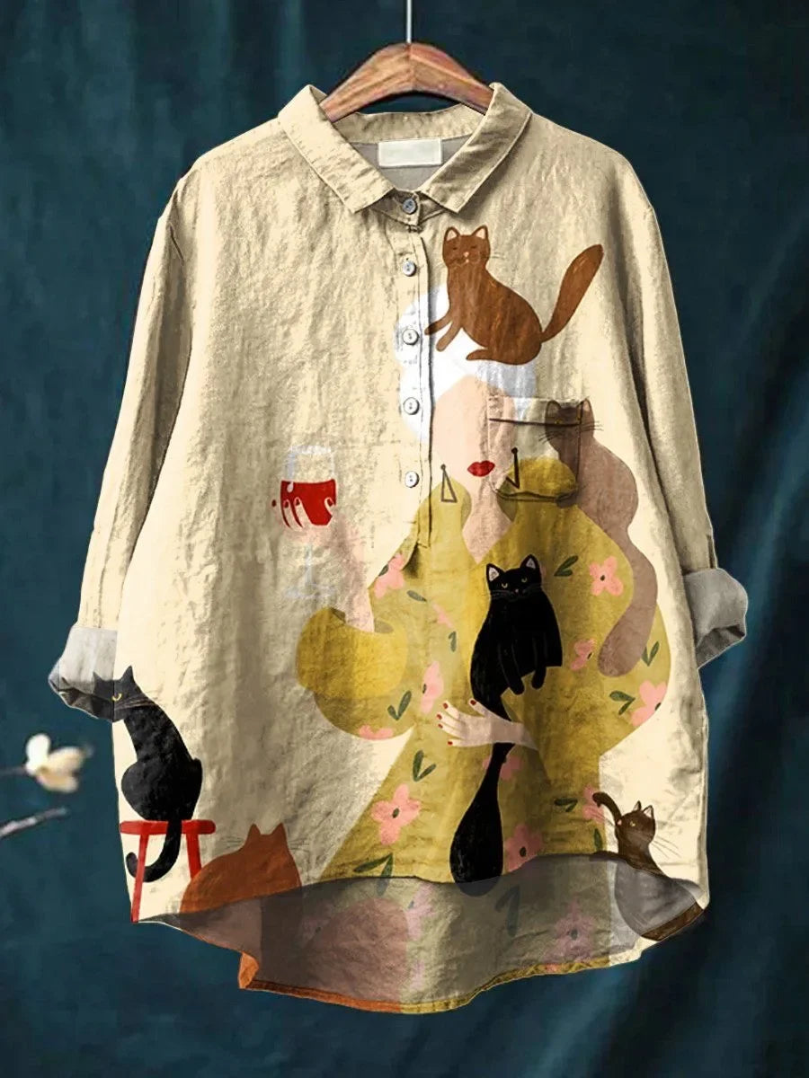 Lynn - Blouse with Cat and Flower Print
