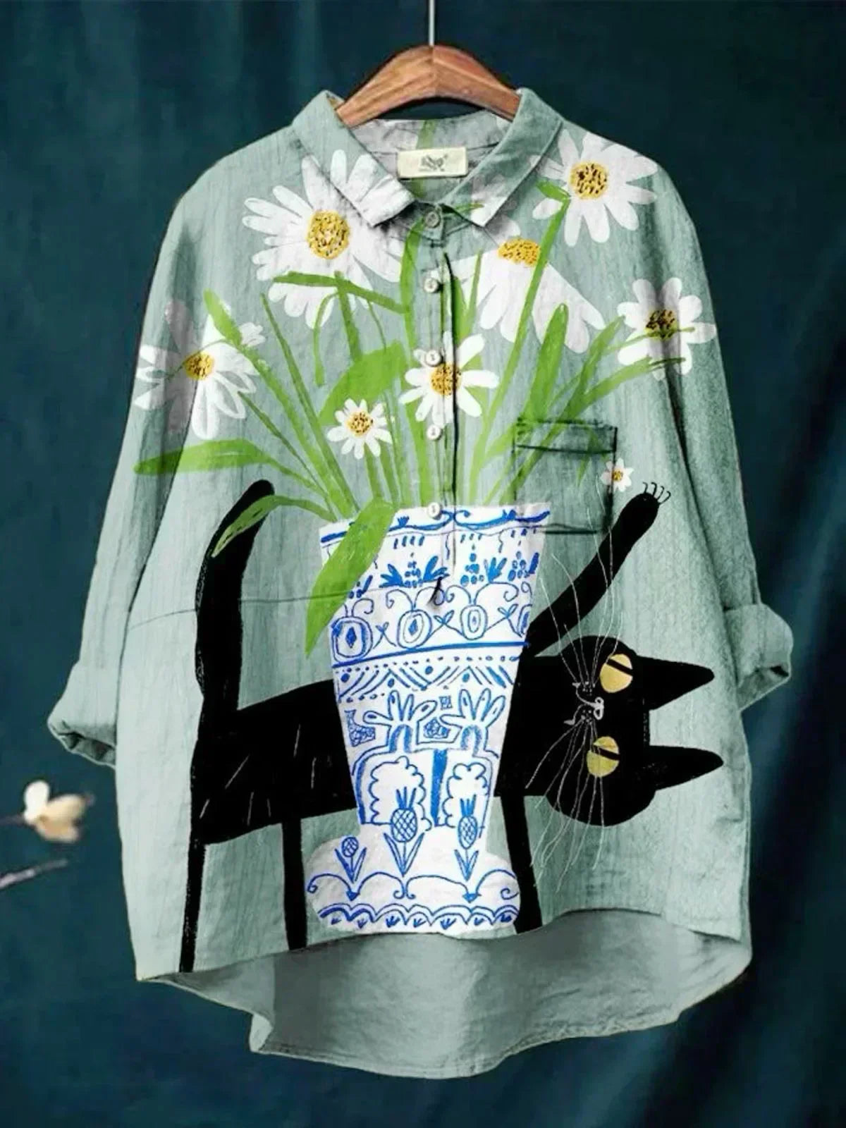 Lena - Blouse with Cat and Flower Print