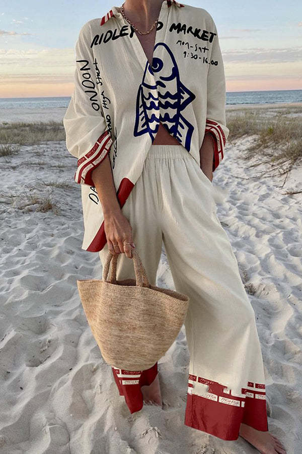 Rounelle - Complete linen set with blue fish print