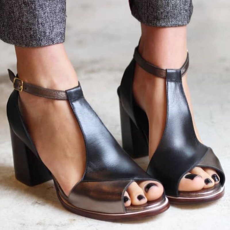 Emily - Black Patchwork Peep Toe Heels