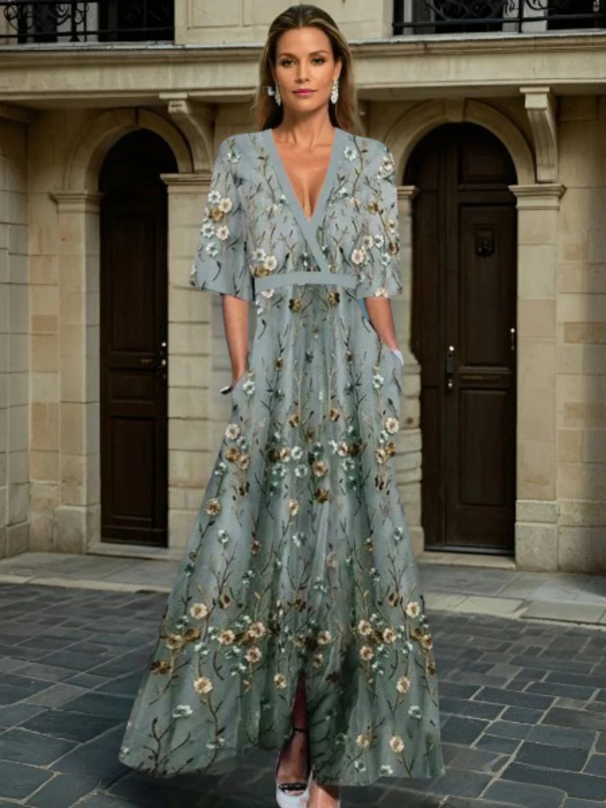 Jacky - Elegant V-Neck Belted Boho Dress