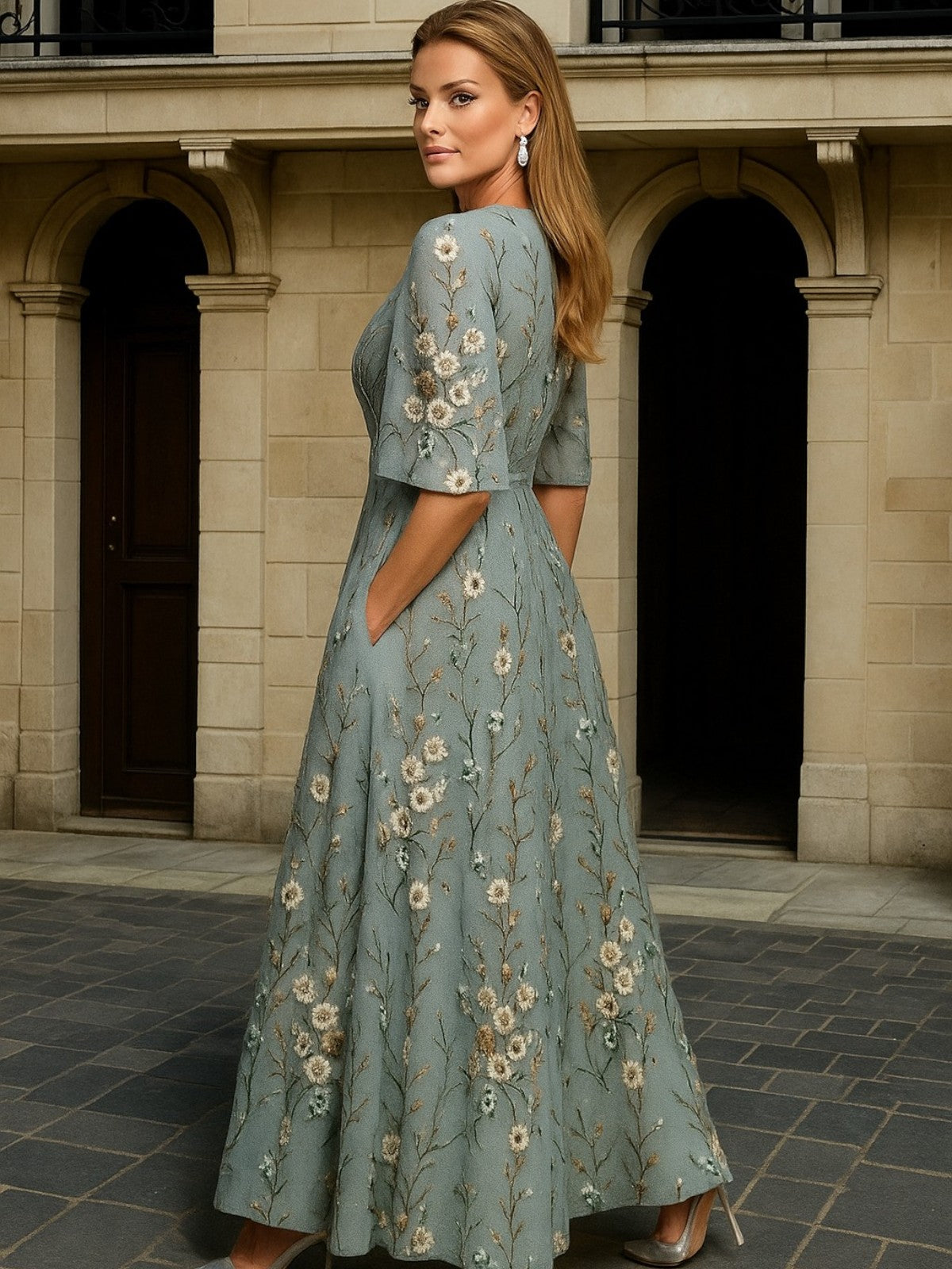 Jacky - Elegant V-Neck Belted Boho Dress