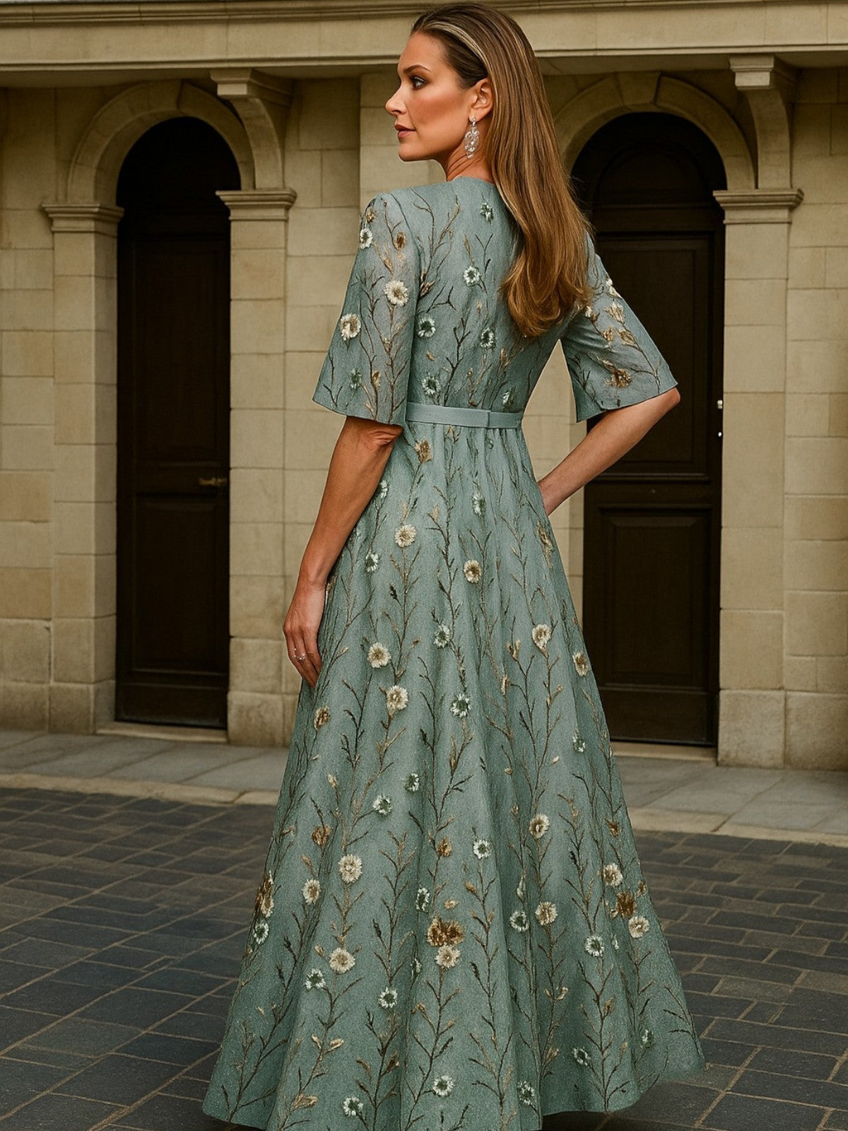 Jacky - Elegant V-Neck Belted Boho Dress