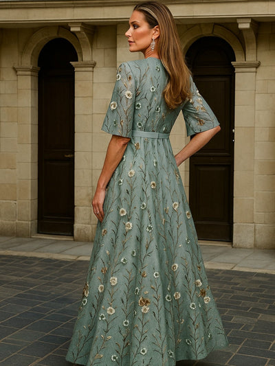 Jacky - Elegant V-Neck Belted Boho Dress